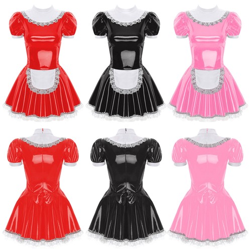 Damen Kleid French Maid Dienstmädchen Kostüm Patchwork Uniform Spitzenbesatz - Bild 1 von 30