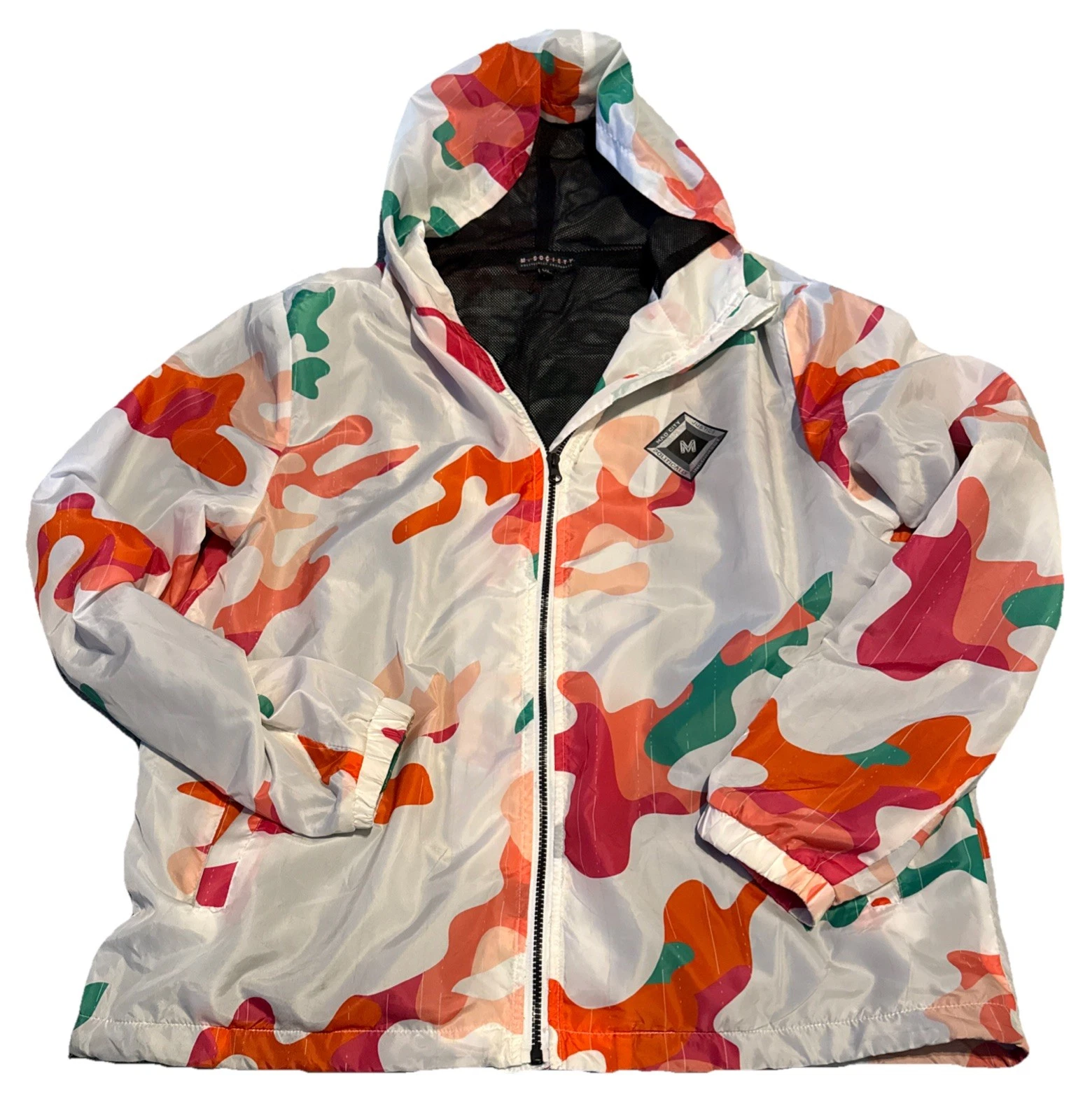 M. Society "Politically Incorrect" Camo Windbreaker. Grapefruit Hooded Splatter