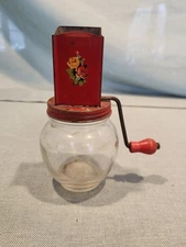 1940s HAZEL ATLAS Glass & Tin Crank-Style Manual Nut Grinder Rose Decal Vintage