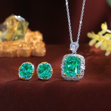 Green CZ Crystal Pendant Necklace Earrings 2 Tone Gold Plated Women Jewelry Set