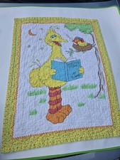 Vintage Handmade Sesame Street Baby Quilt Blanket Big Bird Reading Bedtime Story