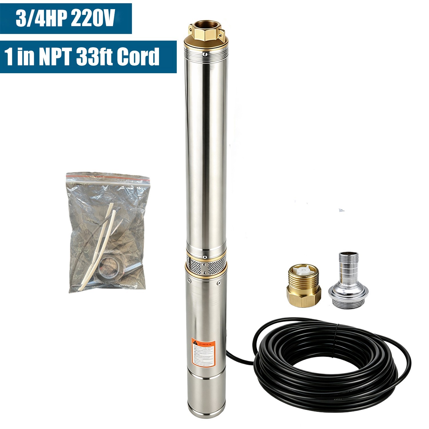 3'' OD Deep Well Submersible Pump 3/4HP 220V 13 GPM 247 ft MAX 60Hz 1in NPT