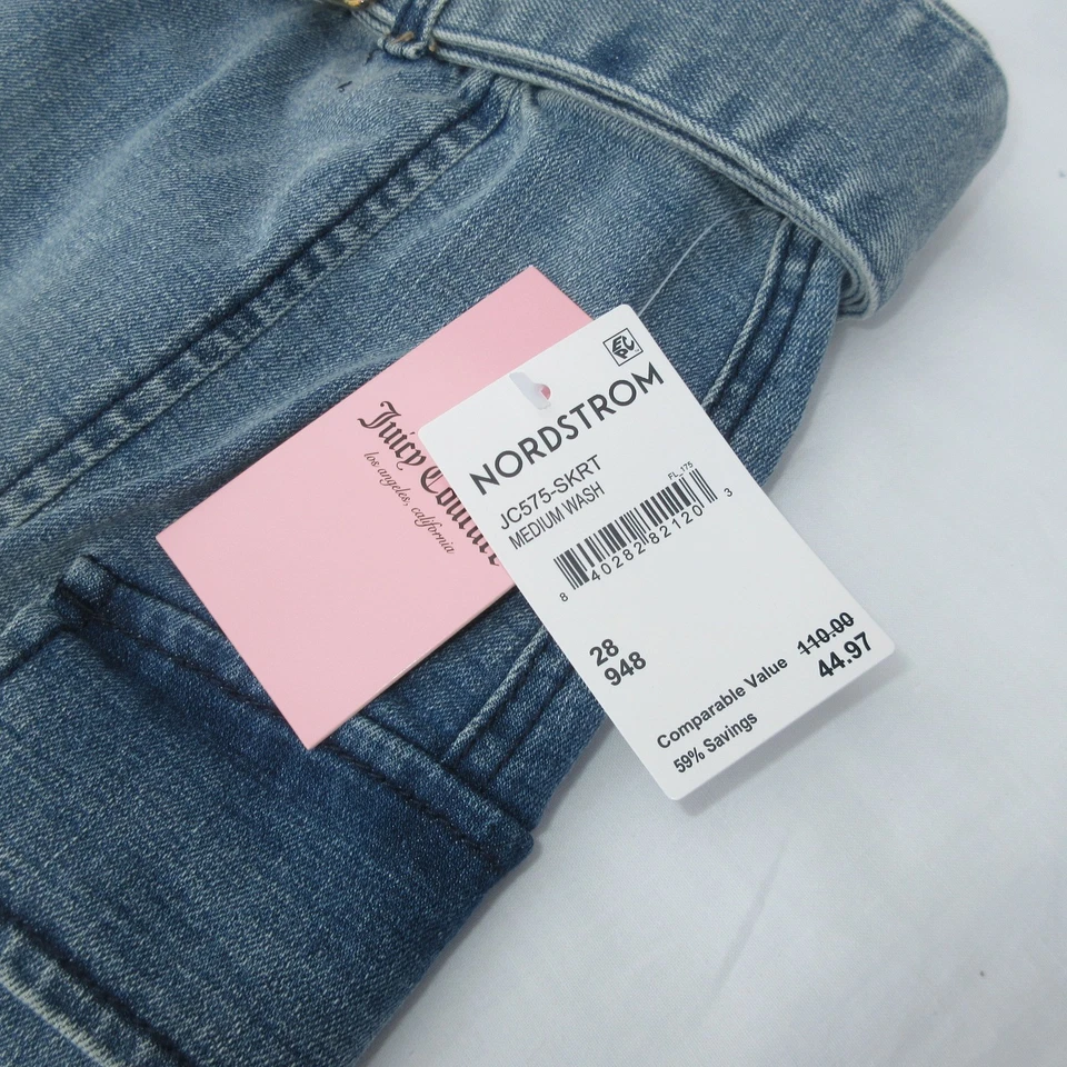 NUEVA Falda Jean Denim Juicy Couture con abertura frontal, cremallera y cinturón 28 lavado medio Foto 4 de 4