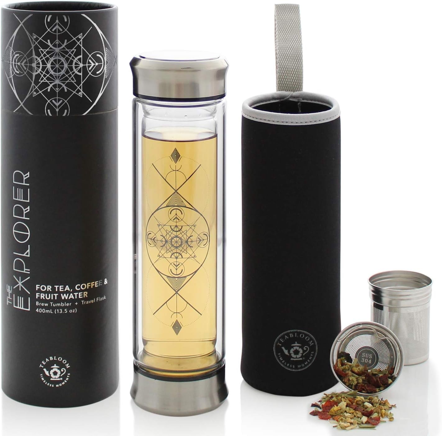 Double-Walled Glass Tea Infuser Bottle 14oz Portable Travel 