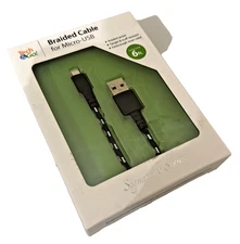 Tech & Go Braided Micro-USB Cable 6 Ft White Stripe Durable Fast Charging, New