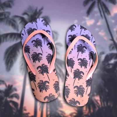 MARKENLOS Damen Badelatschen Gr.41 Zehentreter Sommerschuhe Sandalen Badeschuh Palmen Lila