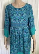 NWT R Vivimos M 8/10 Blue Green Floral Geometric Rayon Cotton Short Kaftan Dress