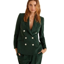 MANGO Suits Double Breasted Crinkle Blazer Dark Green Relaxed Fit EUC Small