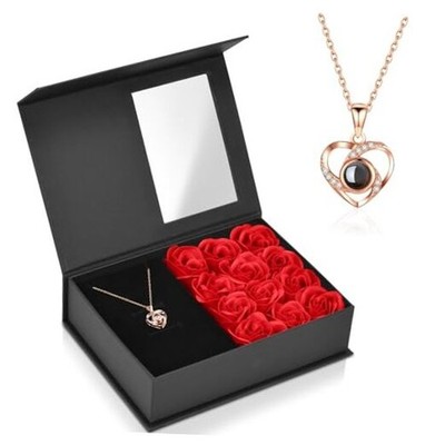  Preserved Real Rose with Heart I Love You Necklace, Eternal Flowers Rose Red