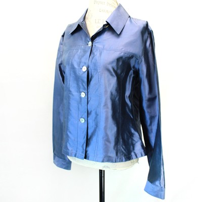 Zina Vintage Designer Silk Western Shirt Jacket Shimmering Blue Embroidered 2