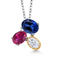 925 Silver and 10K Yellow Gold Created Sapphire Created Ruby and White