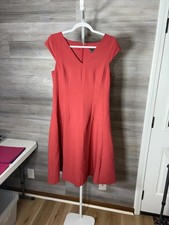 Ann Taylor Coral-Red Midi Dress with Subtle V-Neck 1672