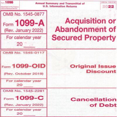 1099-A  2022  IRS Forms Package - 4 Total Forms; 1099-A, 1099 OID, 1096, 1099-C 