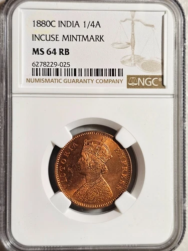 India 1/4 Anna 1880C Incuse Mintmark NGC MS 64 RB