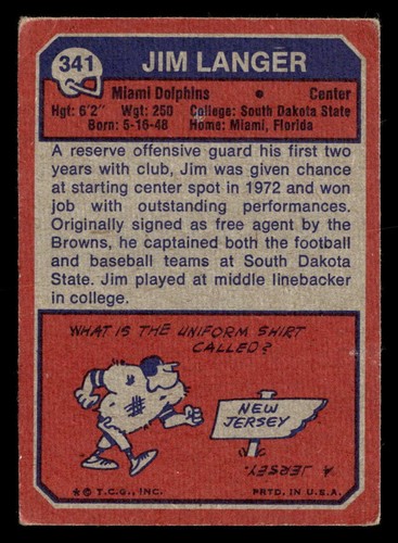 1973 Topps Jim Langer #341 Rookie Miami Dolphins Low Grade Y6781 - 第 2/2 張圖片