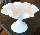Vintage Fenton Hobnail Milk Glass White Ruffled Edge Pedestal Compote Candy Dish