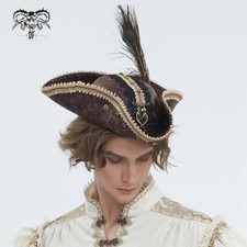DEVIL FASHION Men Brown Steampunk Retro Lace Trim Feather DecoTricorn Pirate Hat