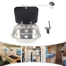 Caravan Camper Sink Boat Stainless Steel Hand Wash Basin w/ Faucet+ Glass Lid