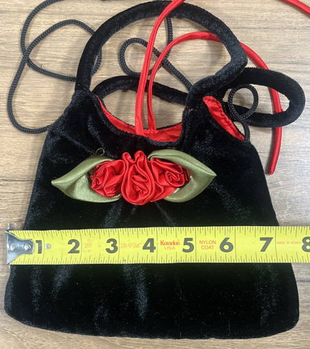Cute Toby NYC Girls Mini Bag Black Velvet Satin Red Flowers Handles Shoulder Bag - Picture 8 of 8