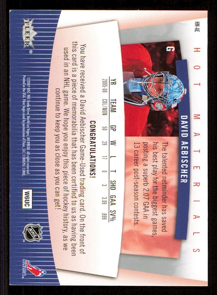 2006-07 Hot Prospects Hot Materials #HMAE David Aebischer - Image 2 of 2