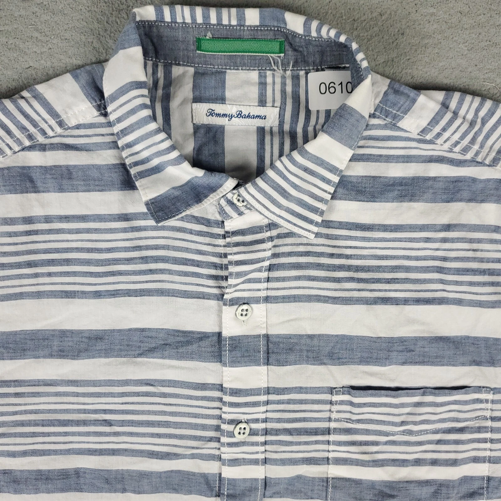 Tommy Bahama Shirt Mens Large Blue Striped Cotton Button Up Short Sleeve