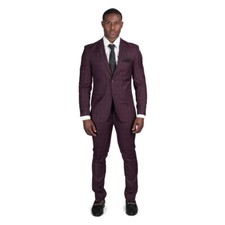 Slim Fit Burgundy Windowpane Plaid 2 Button Notch Lapel Mens Suit 18335 AZAR