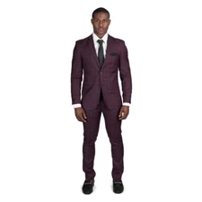 Slim Fit Burgundy Windowpane Plaid 2 Button Notch Lapel Mens Suit 18335 AZAR 
