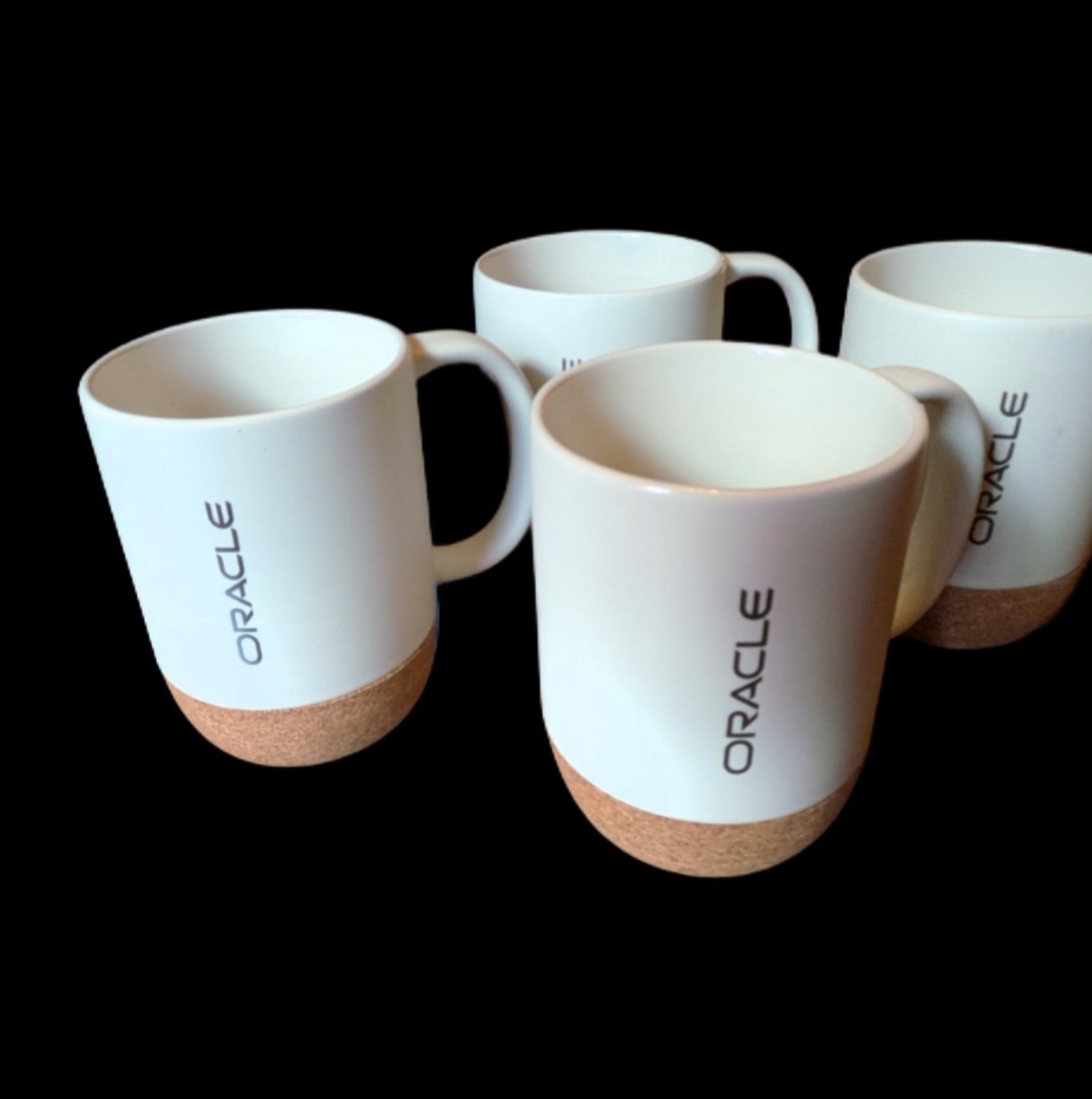 Set Of Four Ceramic Oracle Off White Coffee Tea Mug Cup W/ Insulated Cork Base
