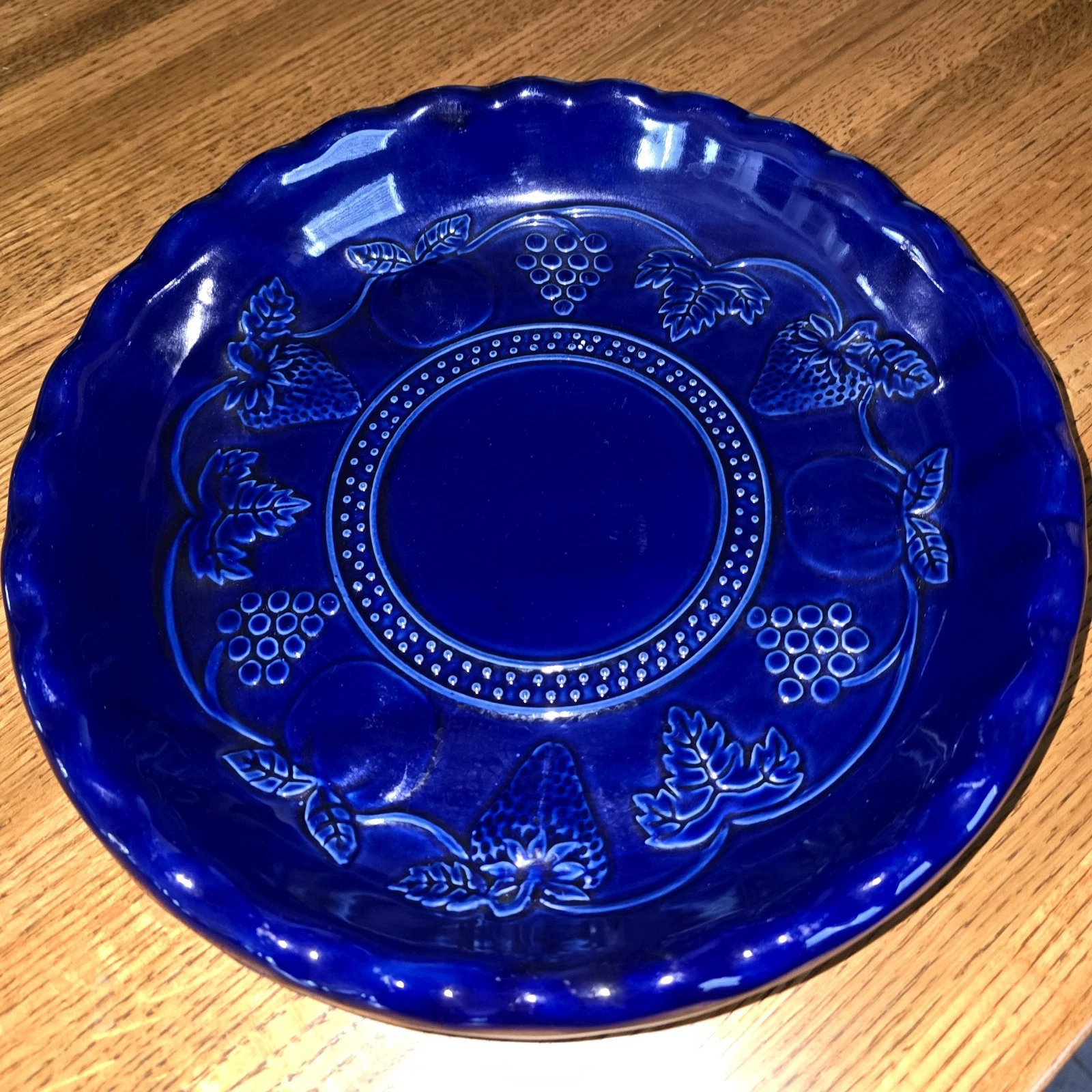 Cobalt Blue Ruffled Scollop Pie Plate Fruit Embossed Country Farnhouse Rustic