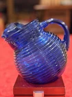 Art Deco Hazel-Atlas Fine Rib Cobalt Blue Tilted Jug Pitcher 1930 Depression Era