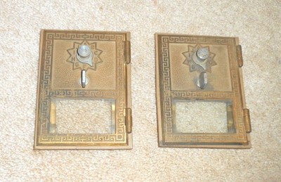 PAIR OF VINTAGE GRECIAN KEY STYLE BRASS POST OFFICE BOX DOORS BANKS