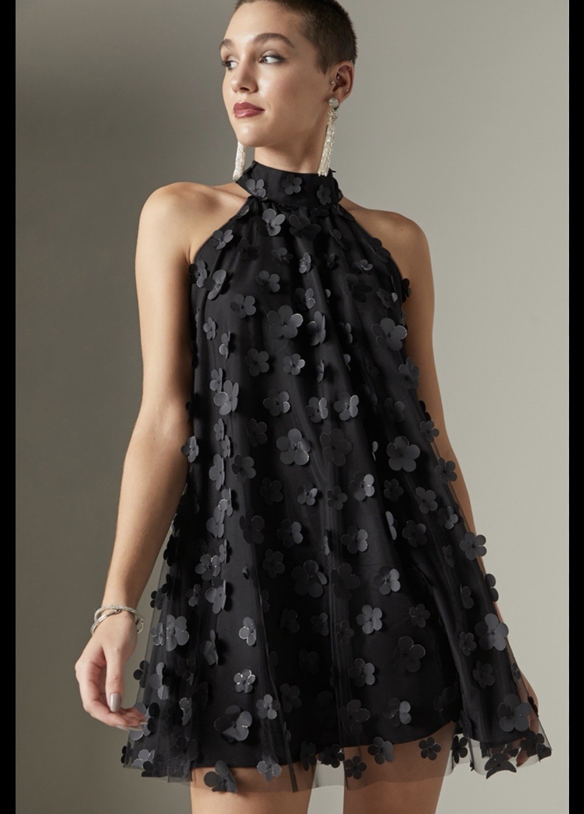 Mini Dress Chic color Black Floral Halter VIMPUNEC Size S