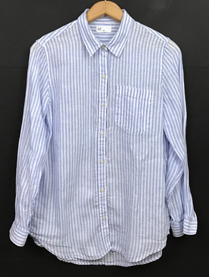 #ad Gap Women#x27;s 100% Linen Boyfriend Long Sleeve Blue White Stripe Shirt Size M $17.49