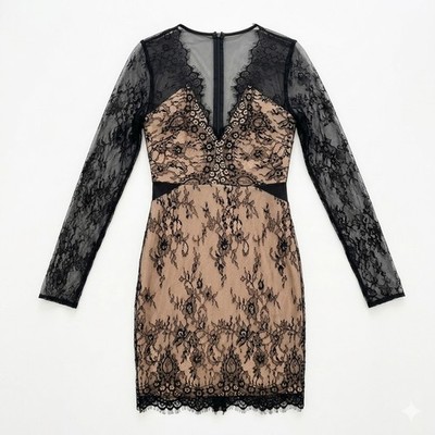 lace illusion bodycon dress Lush Small Black Long Sleeve Mini Floral Detail Size:Child 12 Womens Bebe Illusion Lace 20000-25000 Hailey Bieber Gucci Dress
