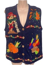Bobbie Brooks Vtg Cardigan Sweater Vest Blue Novelty Fall Harvest Festival Small