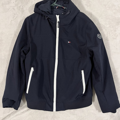 Tommy Hilfiger Jacket Mens Blue Hooded Softshell Windbreaker 1985 Logo