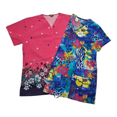 Scrub Tops Mixed Brands Large Colorful Floral Pattern Denice B Scrubs LOT Of 2