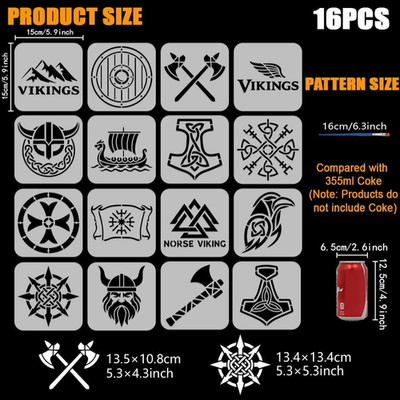 16PCS Viking Stencil for Painting 5.9x5.9 Inch Viking Theme Drawing Stencil C...