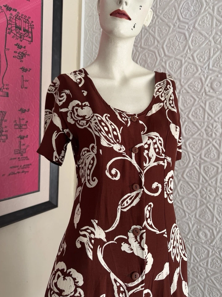 Vintage 1990s Era Floral Print Dress Brown-Maroon-Hawaiian Foliage-Medium-Maxi - Image 3 of 4