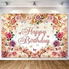 Pink Flower Happy Birthday Banner Backdrop Rose Gold Pink Floral Birthday Party