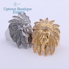 Cubic Zirconia Indian Chief Head Men's Stainless Steel Ring Size:8-13 GD