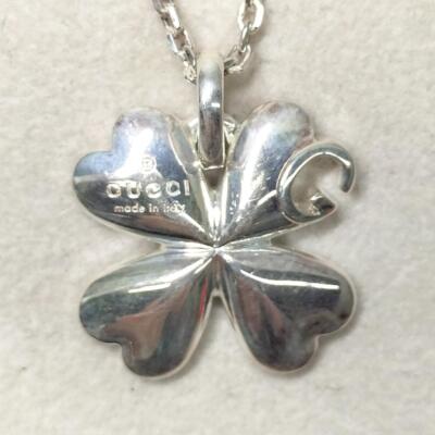 GUCCI G Logo Four Leaf Clover Sterling Silver 925 Pendant Necklace