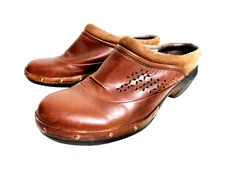 MERRELL J56090 Coffee Brown Leather US 10M Slip On Studded Mid Heel Clog Shoes