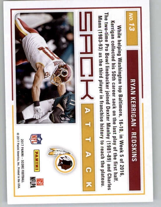 2017 Score Sack Attack #13 Ryan Kerrigan (ref 149703) - Image 2 of 2