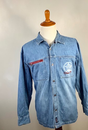 Bugle Boy Denim Shirt L Men's Blue Jeans Button Down print on chest zip Vintage - Picture 4 of 10