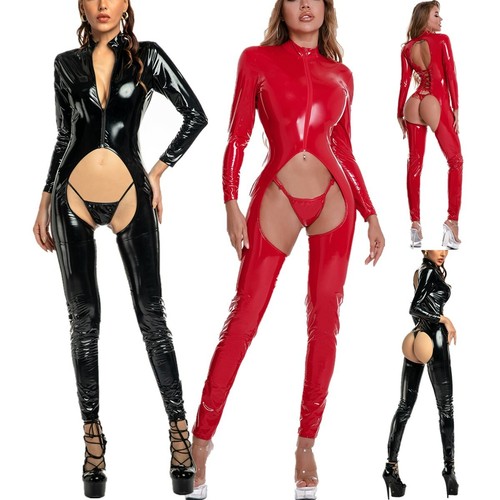 Frauen Kunstleder Wetlook Overalls Catsuit Trikot Clubwear Overall Sexy Kostüme - Bild 57 von 79