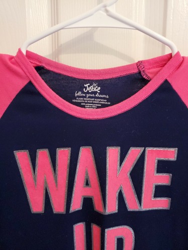 Justice Girl Blue & Pink Sleepwear Shirt W/"Wake Up And Be Awesome" L/S Size 10 - Picture 2 of 4