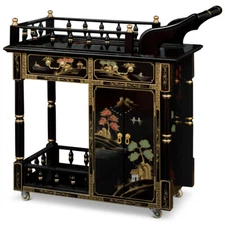 US SELLER - Black Lacquer Chinoiserie Scenery Chinese Tea Cart