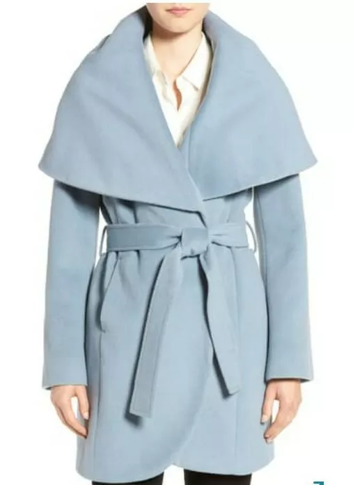 T tahari wool blend belted wrap coat pale best sale blue