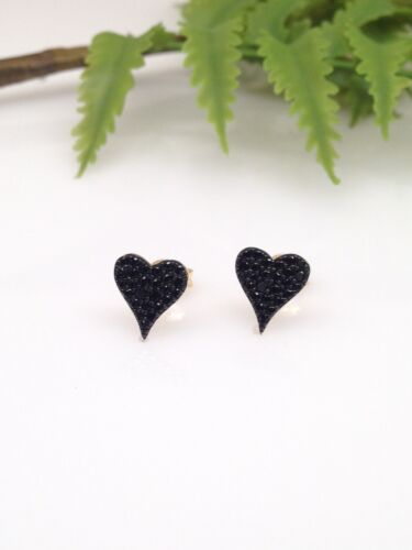 Pave Black Onyx Heart Stud Earrings 925 Sterling Silver Tiny Post Stud 9mm Gold - Picture 1 of 9